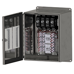 A stainless steel SCE210 signal conditioner enclosure with one twist lock closure, shown with the front door open revealing four signal conditioners mounted inside the enclosure.